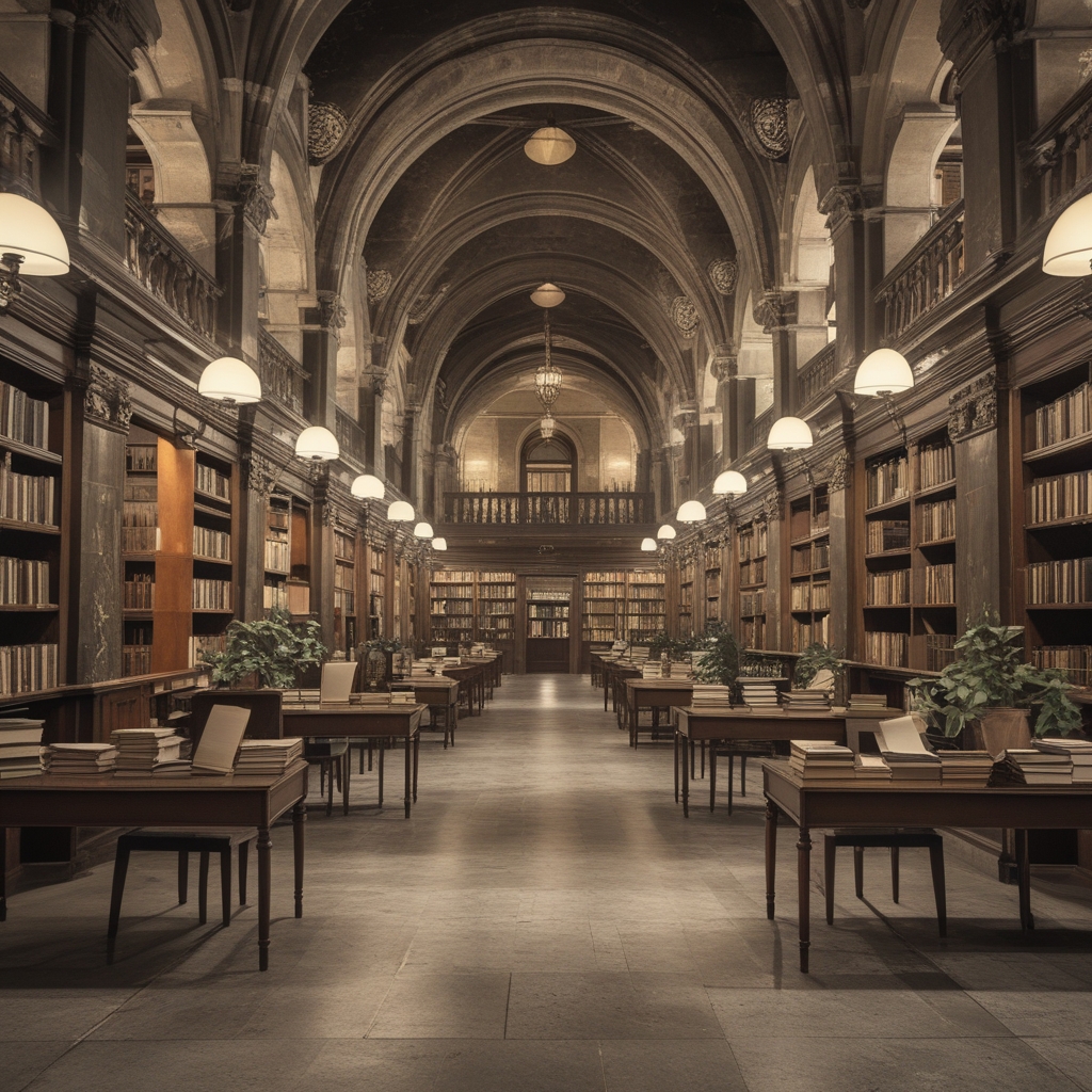 Elegancka biblioteka z półkami pełnymi książek sięgającymi sufitu, ciepłe drewno regałów, stonowane oświetlenie, stoliki do czytania, spokojne akademickie wnętrze