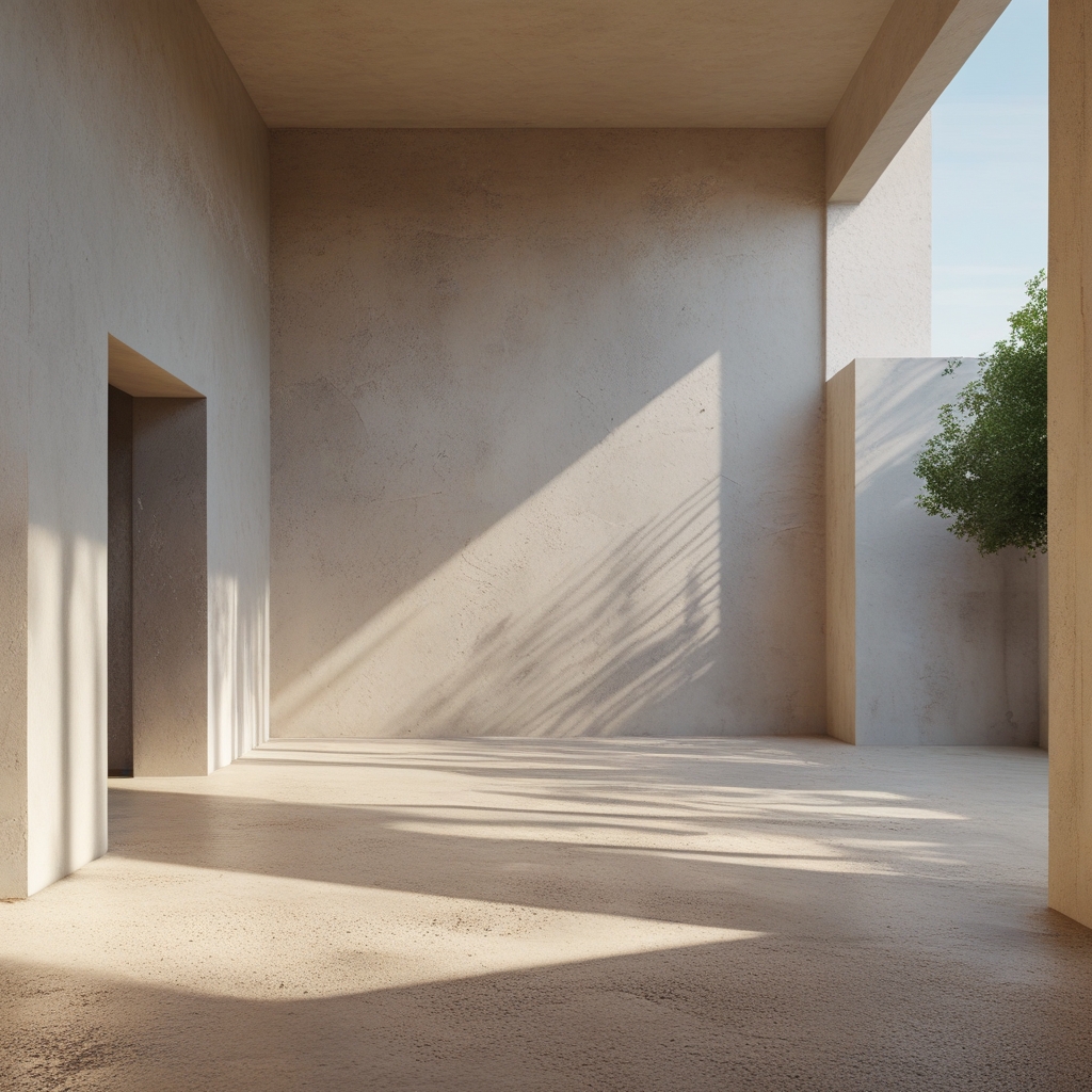 Spokojna, minimalistyczna przestrzeń do ćwiczeń z drewnianą podłogą i dużym oknem, ciepłe boczne światło tworzące głębokie cienie, mata do jogi w centrum kadru, czyste neutralne wnętrze