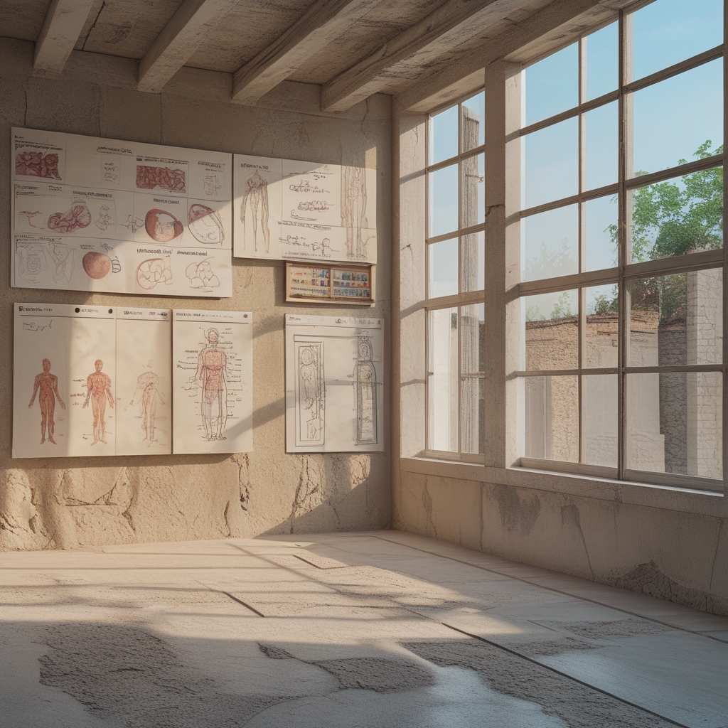 Otwarte notatniki, szkice anatomiczne i diagramy rozłożone na drewnianym blacie badawczym, ciepłe lampkowe oświetlenie, stonowane brązowe tony, atmosfera studiowania i badań