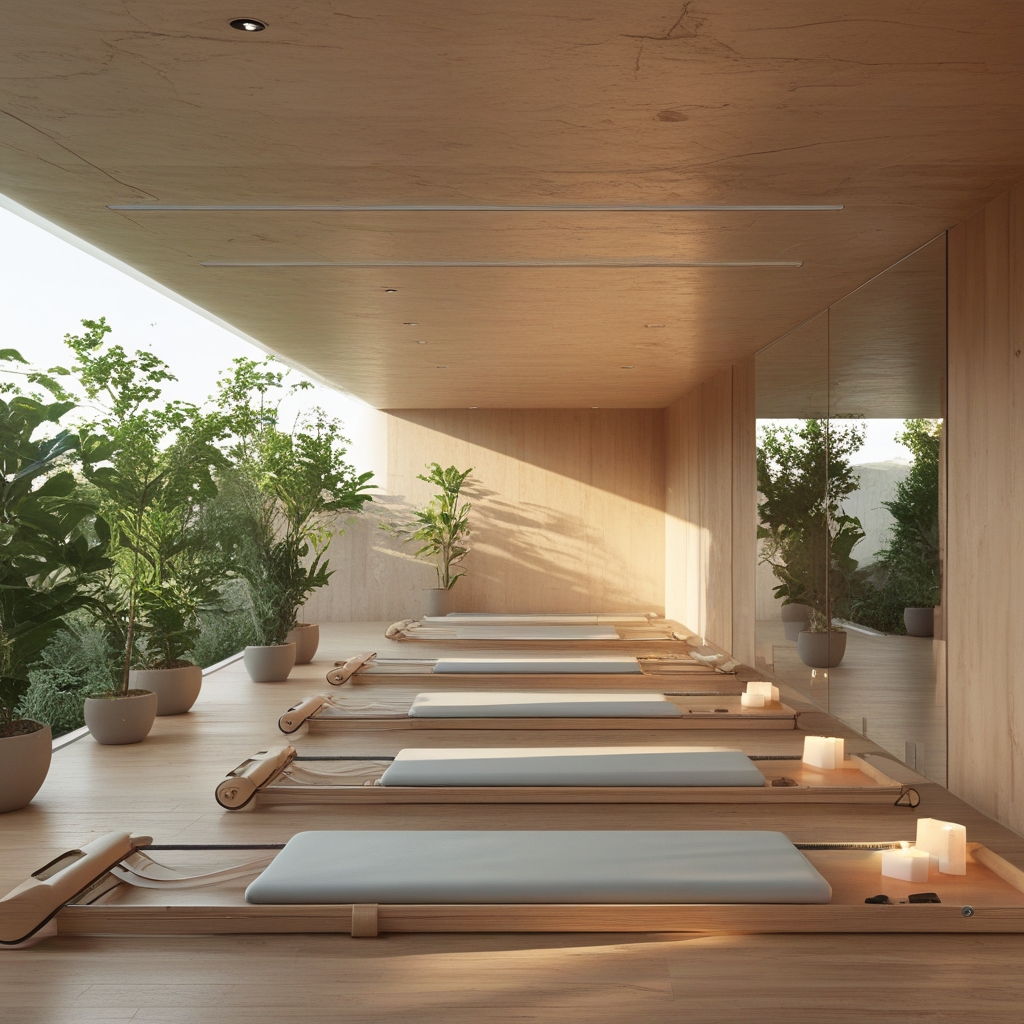 Profesjonalna sala do pilatesu z reformerami wykonanymi z jasnego drewna i stali, stonowane wnętrze z betonową podłogą, naturalne cienie i miękkie oświetlenie, minimalistyczna estetyka