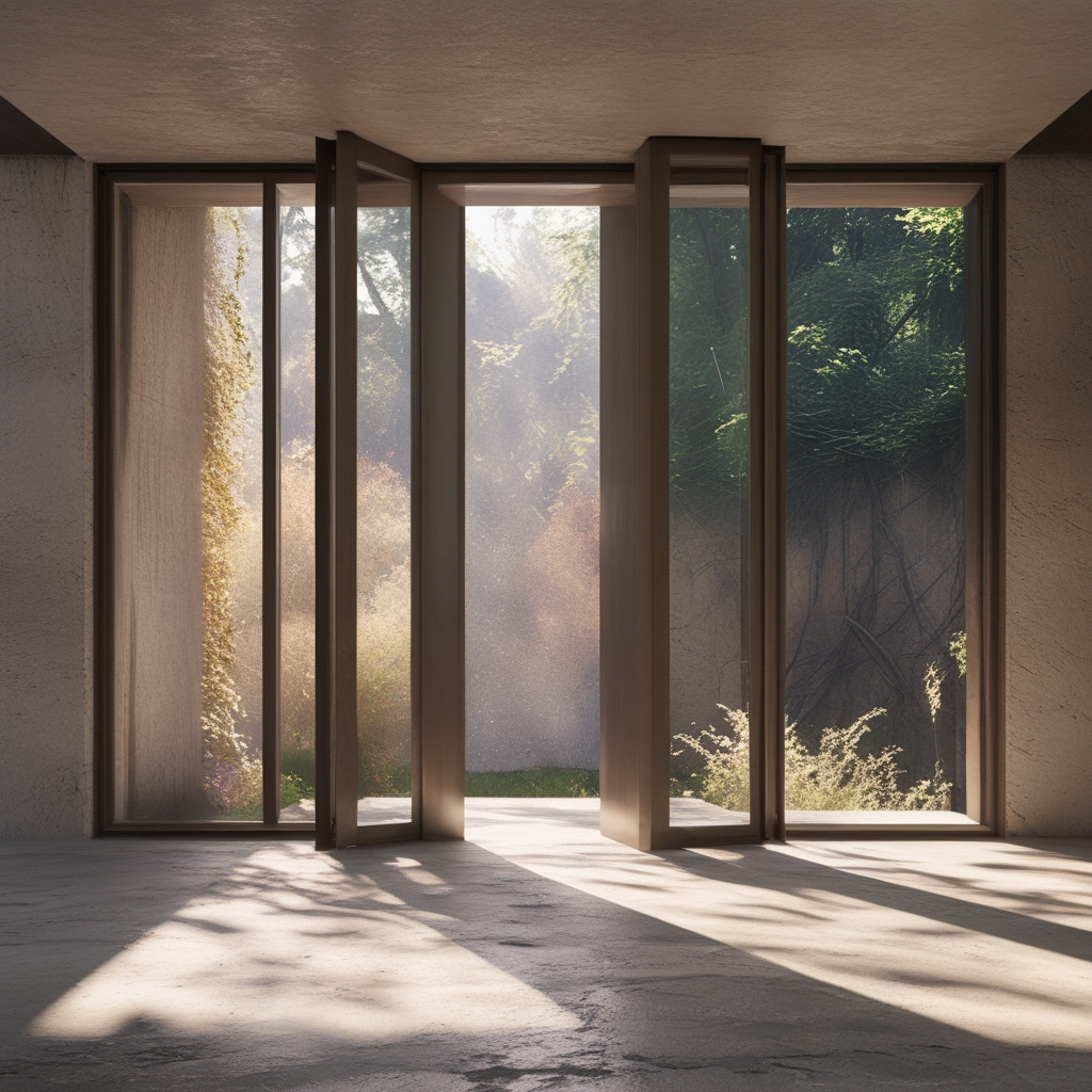 Jasna, minimalistyczna przestrzeń do rozciągania z materacem do ćwiczeń na drewnianej podłodze, duże okno z widokiem na zieleń, spokojne naturalne światło, neutralna paleta kolorów