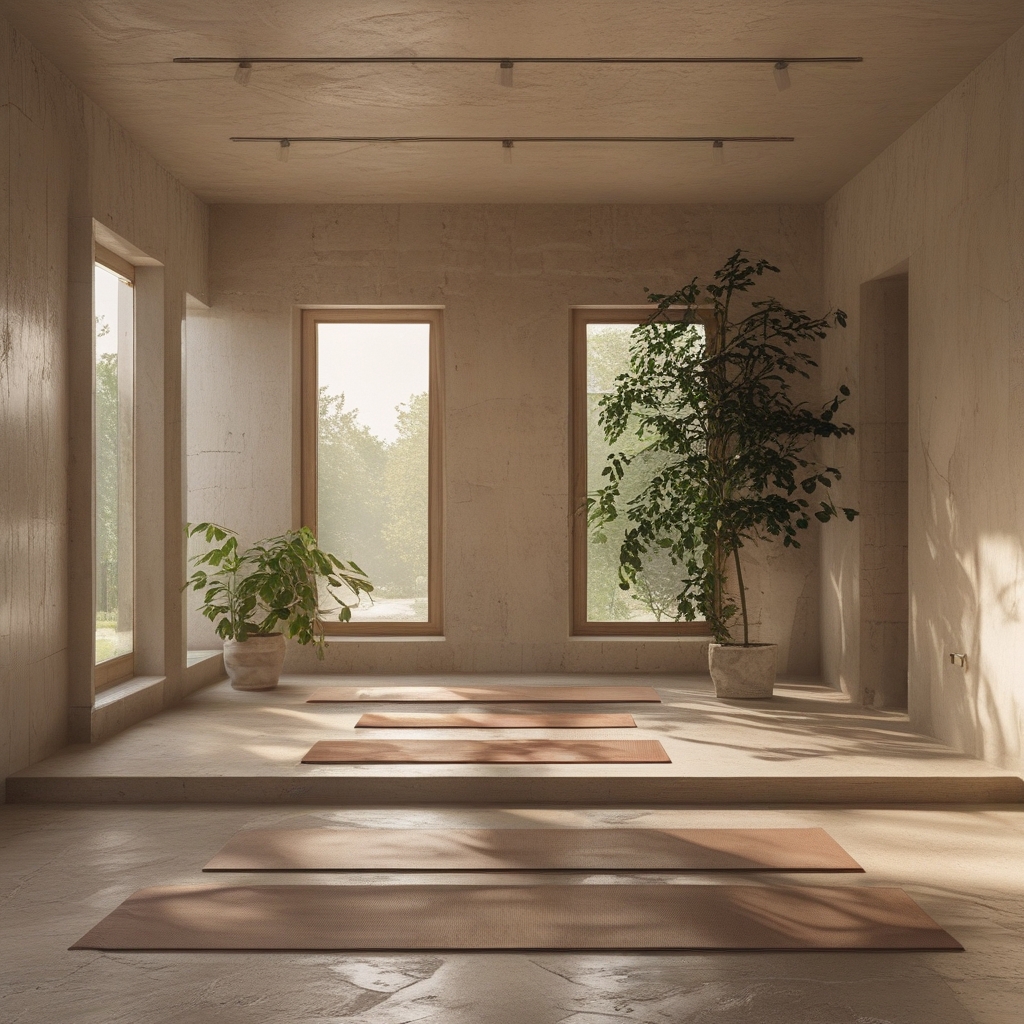 Spokojne studio jogi z drewnianą podłogą, maty rozłożone w rzędzie, miękkie naturalne światło padające przez duże okno, rośliny w tle, puste wnętrze bez ludzi